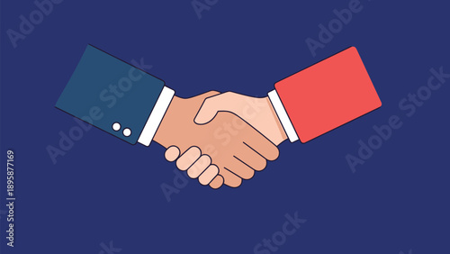Close-up of two people in business suits shaking hands against a dark blue background to represent a successful deal, partnership, or greeting.