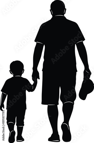 Silhouette of a father and son walking together from behind, holding hands, parent and child bond, family love, vector illustration.