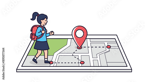 Young school girl with a red backpack walking across a giant digital map with a red location pin icon indicating her destination or route.