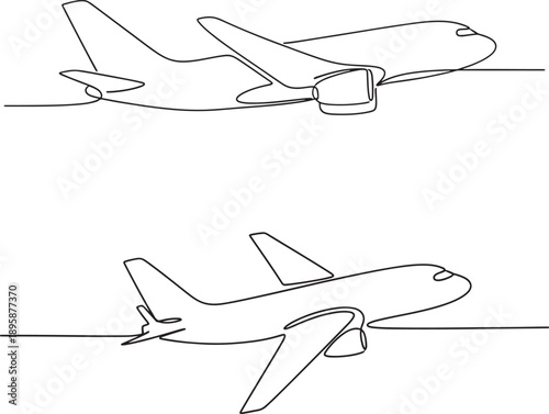 Airplane takeoff and landing illustration in continuous line drawing style