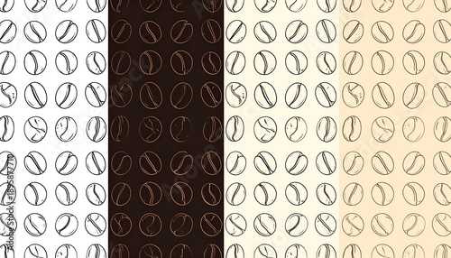 Coffee bean rows displayed on different shades of brown/beige, presented as seamless pattern