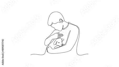 Continuous line drawing of a person tenderly embracing a small puppy, symbolizing love and companionship