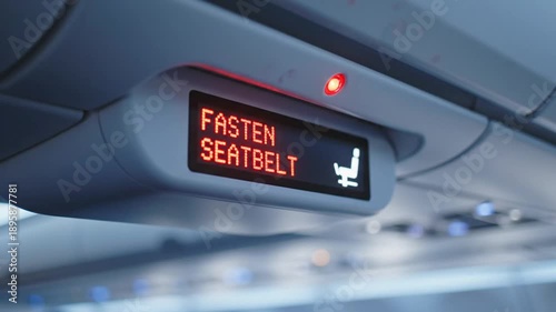 Illuminated Fasten Seatbelt Sign Inside an Airplane Cabin During Flight.