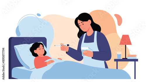 Concerned mother wearing an apron holding a glass of water and checking the temperature of her sick daughter lying in bed with a thermometer.