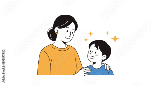 Happy mother praising her young son with a hand on his shoulder while stars sparkle above his head to represent his success or good behavior.