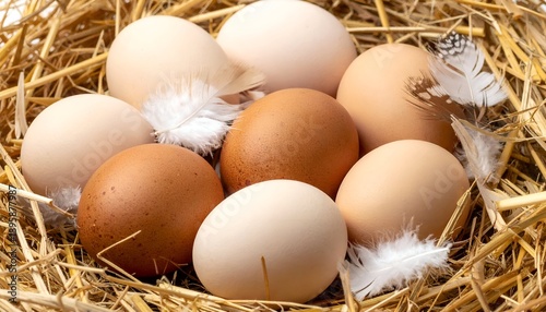 Collection of brown and white eggs nestled in straw with feathers. Natural, rustic, and cozy. Close-up, farm aesthetic