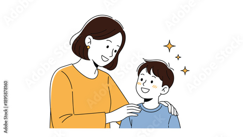 Proud mother smiling and praising her young son while placing a hand on his shoulder as gold stars sparkle above him to show his achievement.