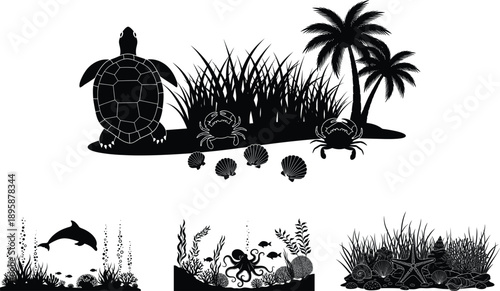 Turtle and sea life silhouettes in a coastal environment