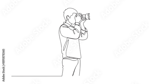 Minimalist continuous line drawing of a photographer capturing moments with a professional digital camera, an artistic representation of hobby and craft