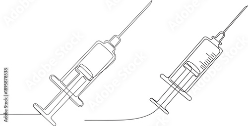 Medical syringes with needles for injection in continuous line drawing style