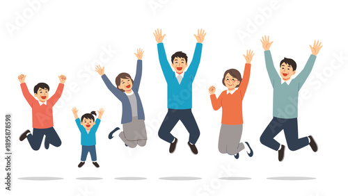 Large multi-generational family jumping for joy together against a white background to celebrate a happy moment or success.