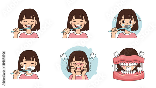 Sequence showing a young girl brushing her teeth and experiencing dental problems like toothache and seeing a dentist.