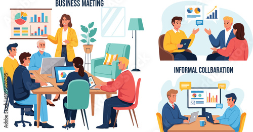 Professional business team having formal meeting and informal collaboration in modern office workspace with data charts illustration