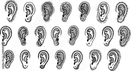 Black and white of multiple human ear with various patterns ears