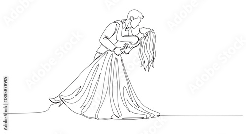 Romantic continuous line drawing of a couple gracefully dancing, portraying a moment of love and harmony with simple, flowing lines