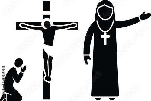Christianity: a nun praying by the cross with jesus christ and a worshipper kneeling