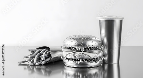 Chrome Silver Fast Food Burger and Fries, Metallic Metallic Texture Pop Art, Reflective Meal
