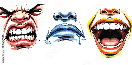 Screaming faces with different expressions and colors emotions mouths