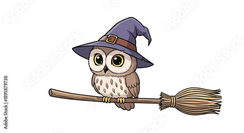Tiny brown owl wearing a purple witch hat perches curiously on a wooden broomstick, ready for a magical flight against a plain background.