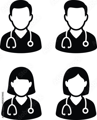 Diverse medical professionals icons featuring male and female doctors with stethoscopes
