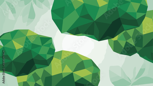 Green polygonal moss rocks on a light green background abstract