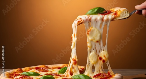 Levitating Pizza Slice with Infinite Stretching Cheese, Gooey Melted Mozzarella, Gravity Defying
