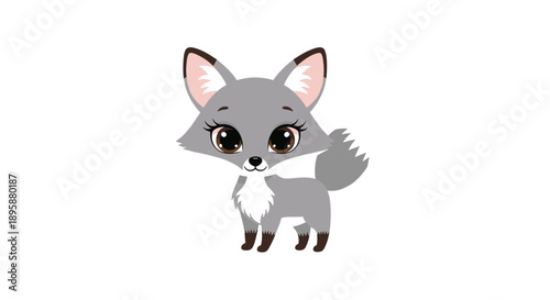 Adorable grey fox pup with expressive eyes stands alertly on a white background, showcasing its soft fur and charming animal features clearly.