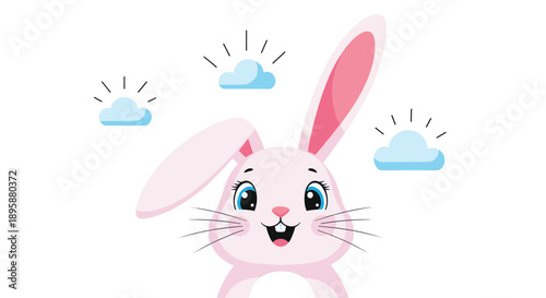 Cheerful pink bunny with big blue eyes smiles broadly, peeking up with small stylized clouds and light rays in the background.