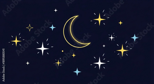 Crescent moon and sparkling stars on a dark night sky vector illustration for celestial themes space and dreams