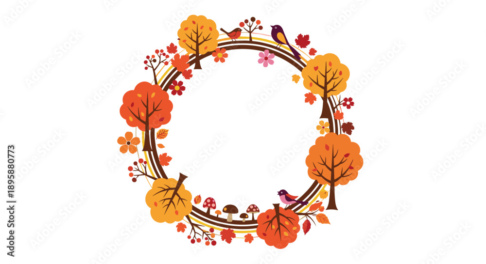 Fototapeta premium Circular autumn wreath composed of colorful orange trees, red leaves, mushrooms, and small birds against a plain white background.