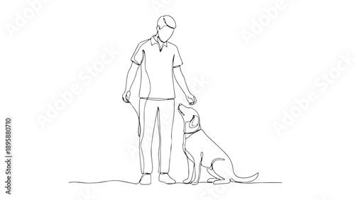 A man training his dog using a leash, a simple line drawing illustration of pet care and obedience training