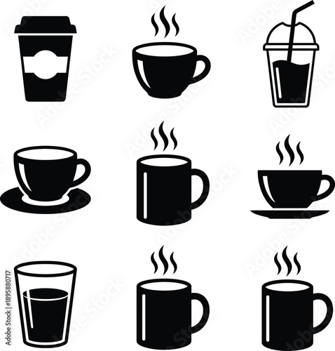 A diverse collection of minimalist black and white icons representing various coffee and beverage cups