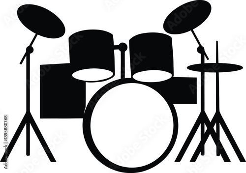 Iconic black silhouette of a classic drum set against a clean white background