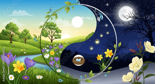 Yin Yang landscape representing day and night spring and winter with vibrant nature elements and a serene atmosphere perfect for concept illustration