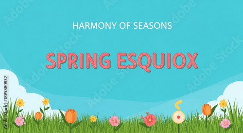 Spring Equinox graphic with blooming flowers and green grass representing seasonal change and harmony perfect for nature websites and seasonal promotions