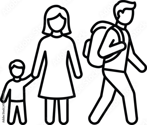 Family outing: a mother and child holding hands with a father carrying a backpack walking