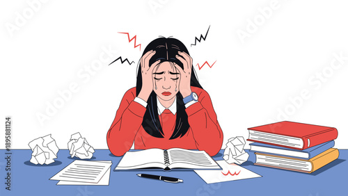 Stressed young woman student holding her head in her hands while studying hard with stacks of books and papers.