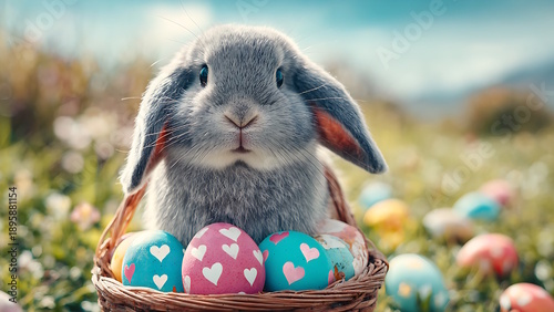 A fluffy gray bunny sits beside a small basket of colorful Easter eggs on green grass, bathed in warm sunlight.