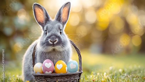 A fluffy gray bunny sits beside a small basket of colorful Easter eggs on green grass, bathed in warm sunlight.