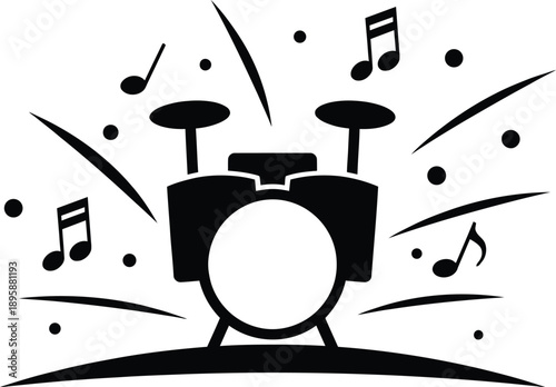 Dynamic drum kit illustration with musical notes symbolizing rhythm and sound