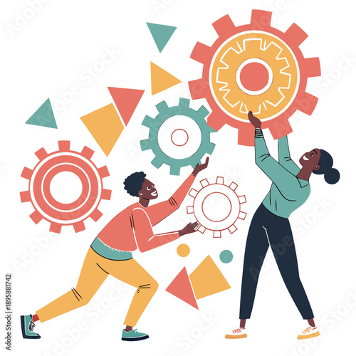 Two people working together to assemble colorful gear system