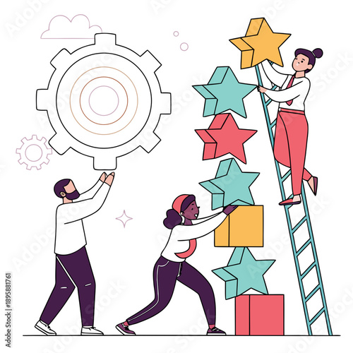 Team building success together with stars and gears