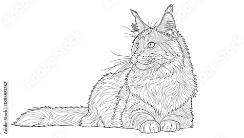 Beautiful maine coon cat resting peacefully with thick fur and pointed ears, detailed feline line art illustration for coloring book page.