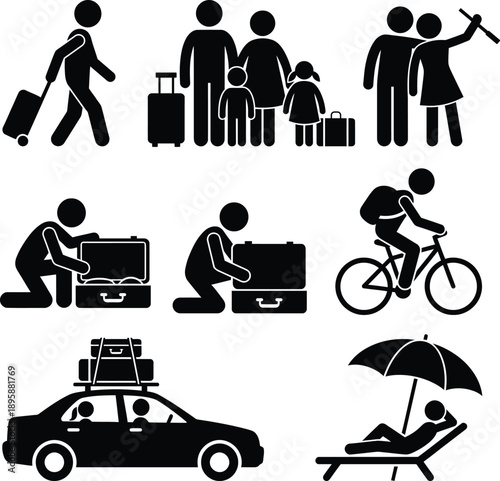 Diverse stick figures illustrating common travel activities and holiday experiences