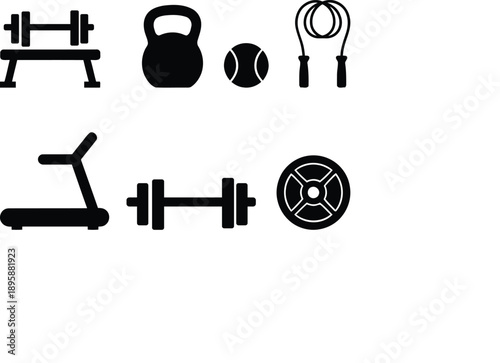 Various essential fitness equipment and gym accessories shown as silhouette icons