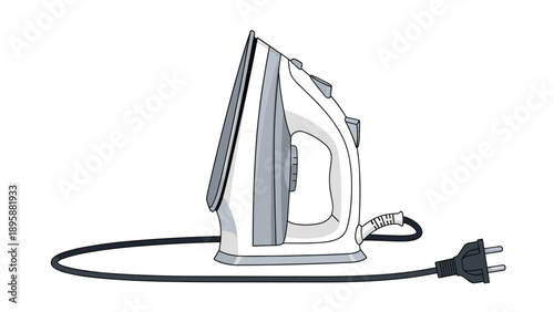 Modern electric steam iron for clothing maintenance stands upright on its base with its power cord and plug displayed.