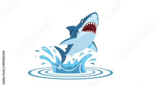 Powerful great white shark jumping out of sea water with open mouth, energetic marine predator illustration for aquatic theme.