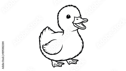 Cute baby duckling walking with open beak and happy expression, small farm bird line art illustration for kids coloring activities.