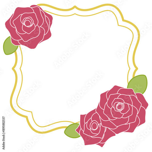 波打つ曲線の金色の線と薔薇の花の装飾フレームイラスト 二重線構造のクラシックラベル風デザイン 文字配置に使えるシンプルな枠素材