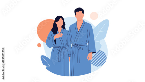 Young couple wearing comfortable blue bathrobes standing together and smiling in a clean modern illustration style for wellness.